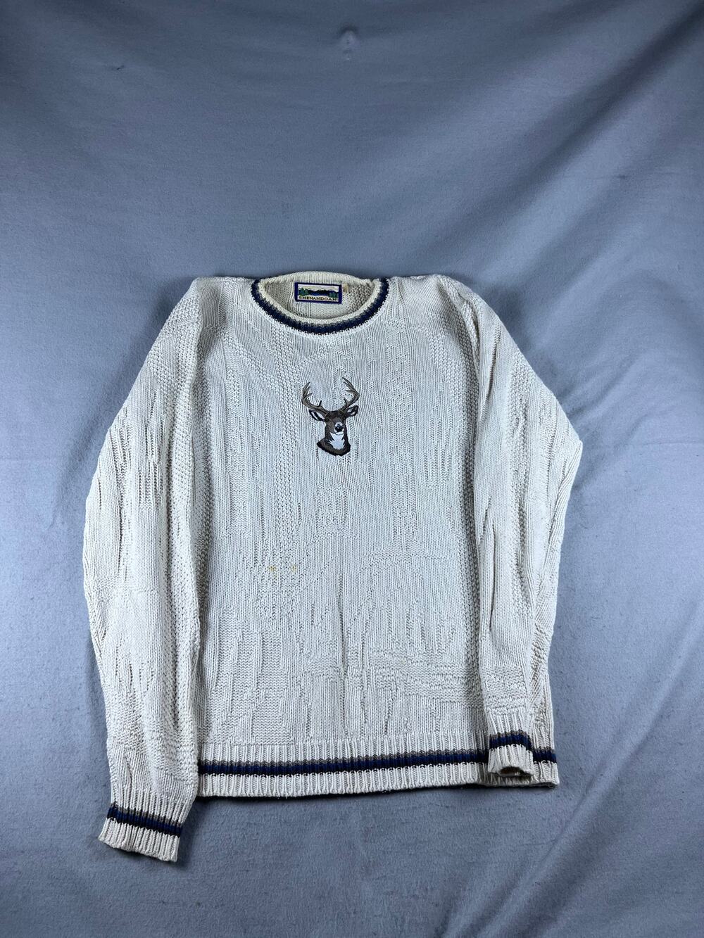 Vintage Shenandoah Sweater Mens XLT White Deer Buck Cable Knit Heavyweight USA
